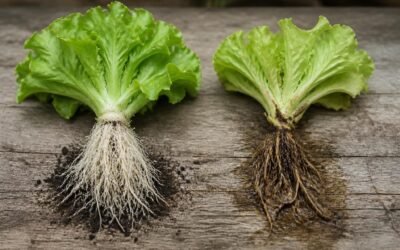 Two lettuce plants lifted from the soil, one with white fibrous roots and one with brown, soft roots
