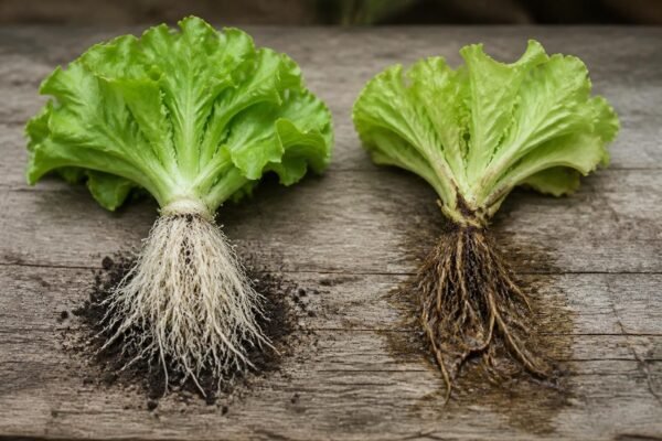 Two lettuce plants lifted from the soil, one with white fibrous roots and one with brown, soft roots