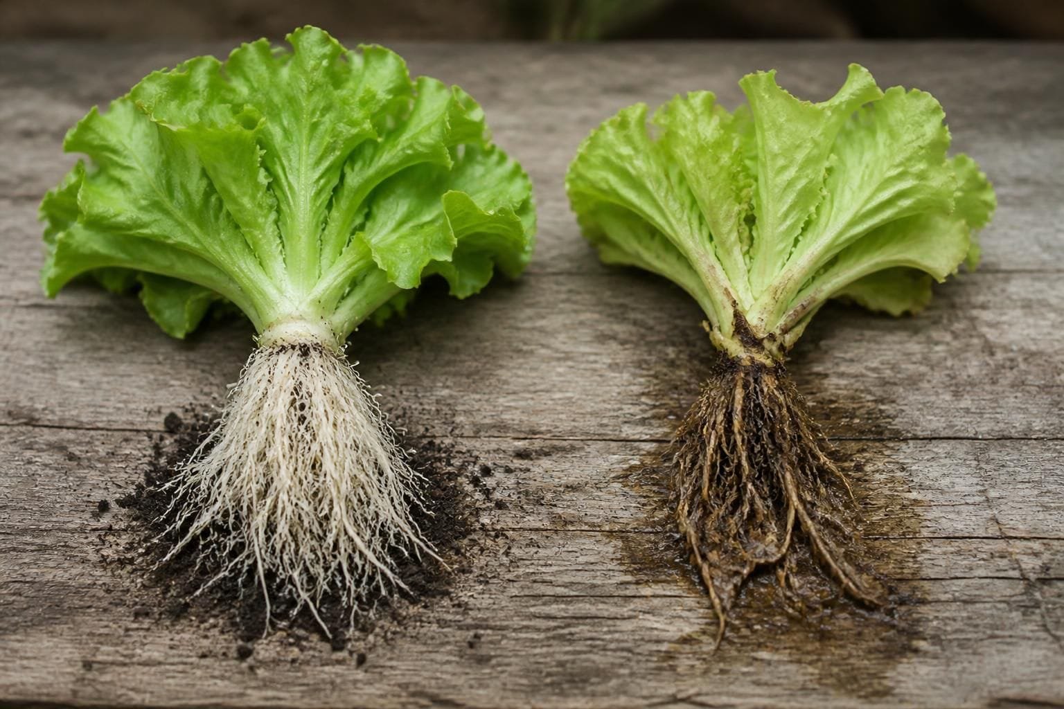 Two lettuce plants lifted from the soil, one with white fibrous roots and one with brown, soft roots