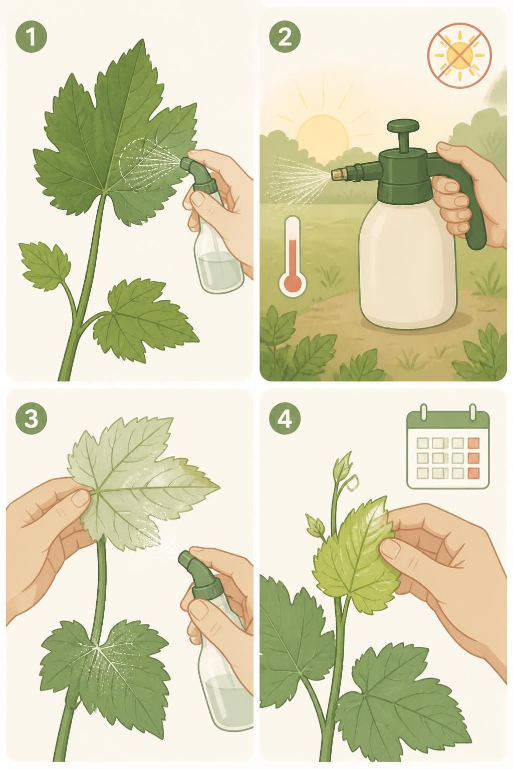 Four-step illustration of applying neem oil to powdery mildew: test patch, spray in cool weather, cover leaf undersides, recheck new growth