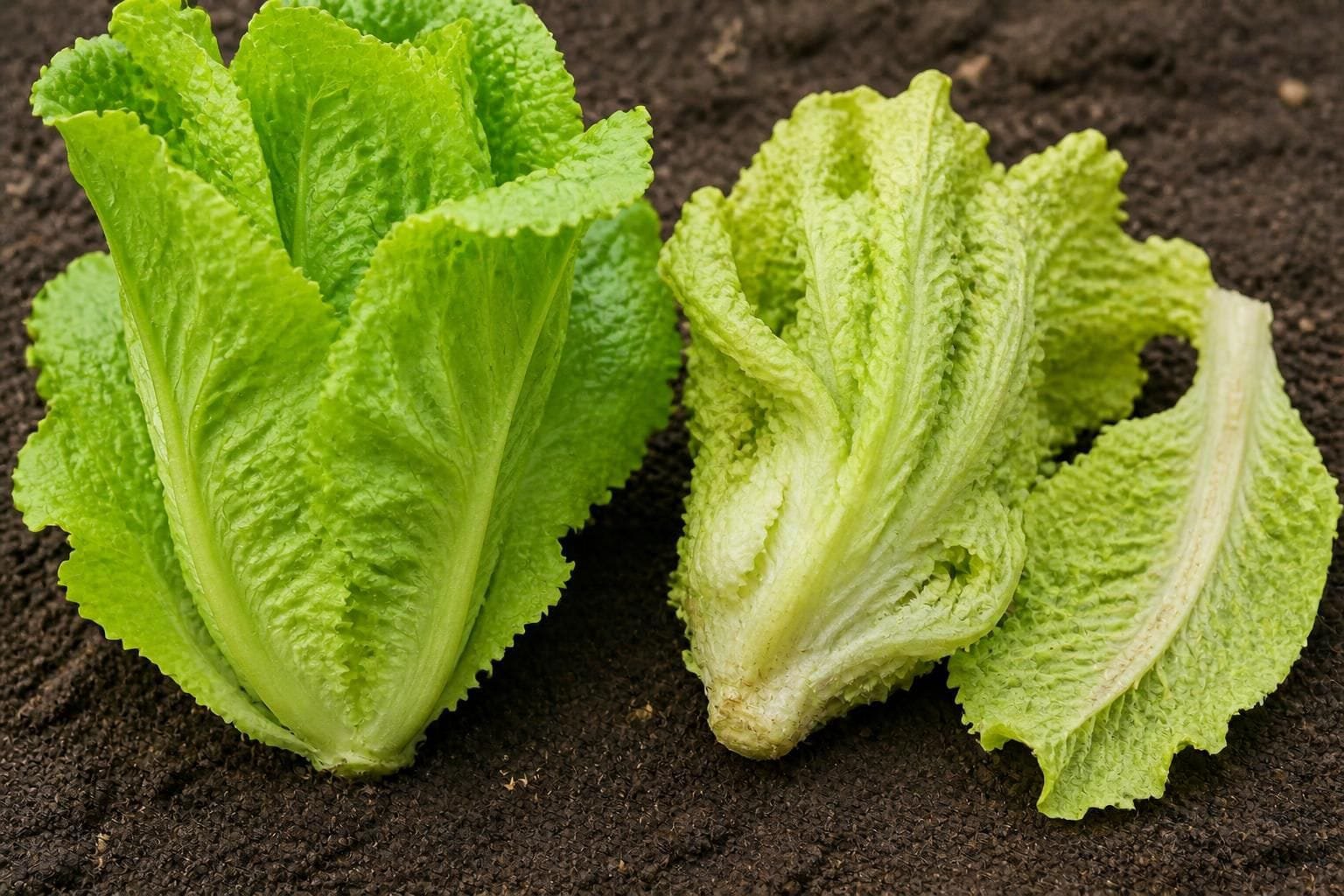 Close-up of a lettuce heart with pale, twisted young leaves and tan latex spots on a midrib underside