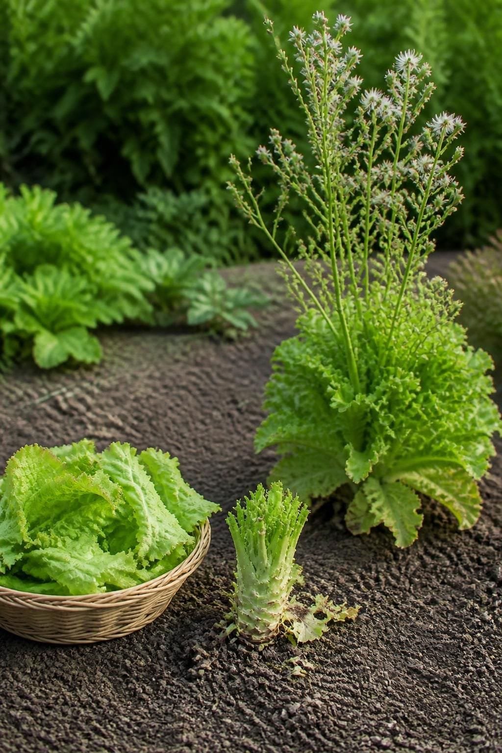 Garden bed of lettuce under light shade cloth with straw mulch and a drip line on a warm afternoon