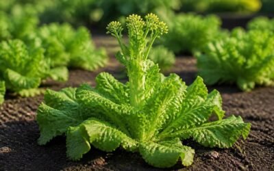 Lettuce plant with a tall, thickened stalk rising from the center of the leaf rosette and small yellow flowers forming at the top