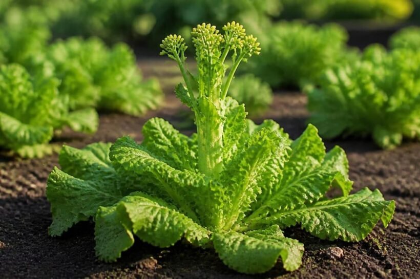 Lettuce plant with a tall, thickened stalk rising from the center of the leaf rosette and small yellow flowers forming at the top