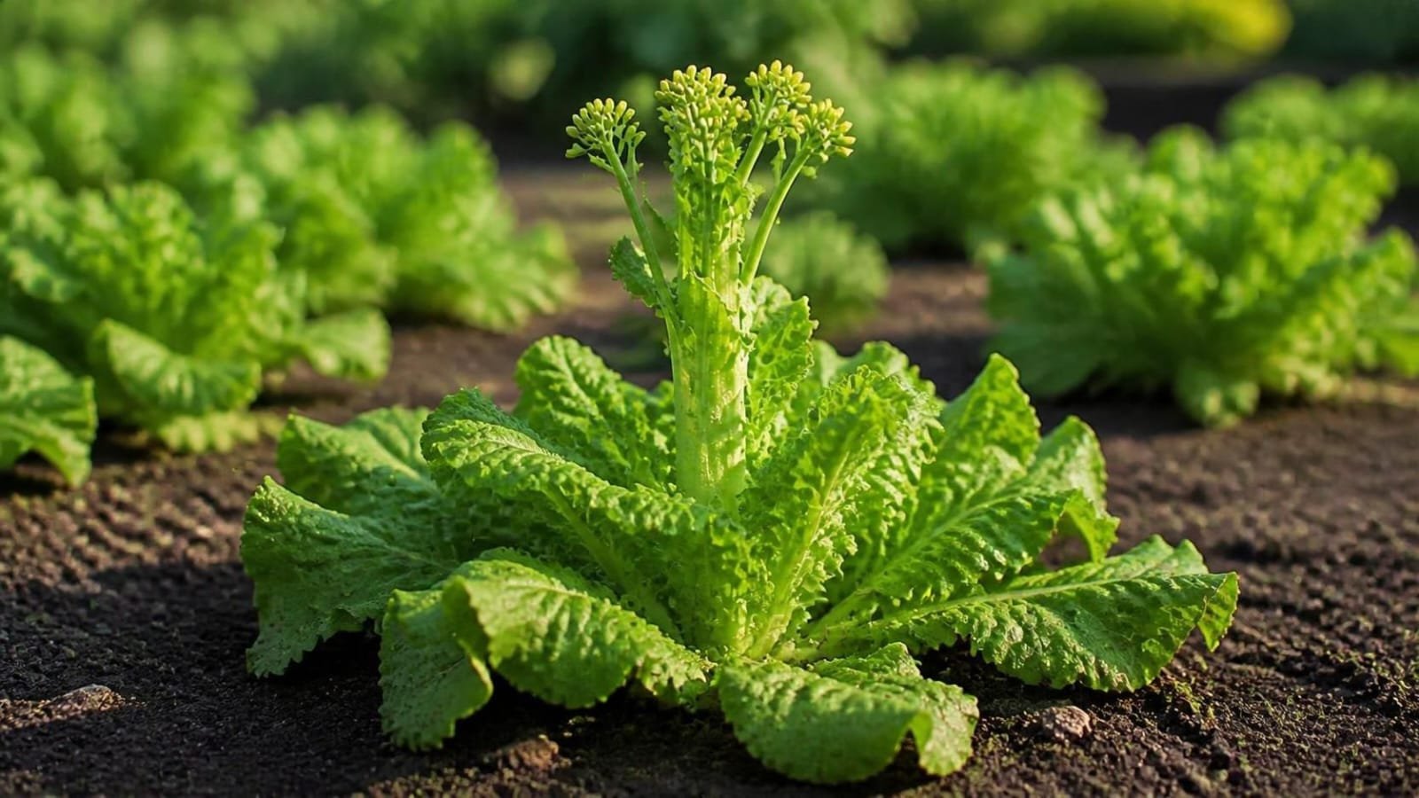 Lettuce plant with a tall, thickened stalk rising from the center of the leaf rosette and small yellow flowers forming at the top