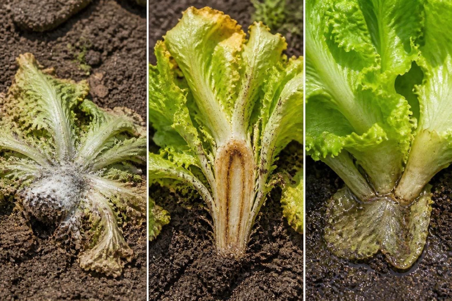 Close-up comparison of lettuce drop, fusarium wilt, and bottom rot symptoms on lettuce plants