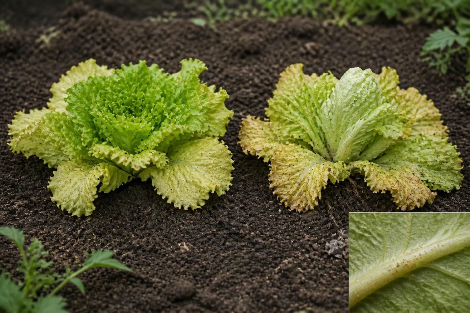Lettuce with pale outer leaves from nitrogen shortage beside a plant with thick, yellowing heart leaves
