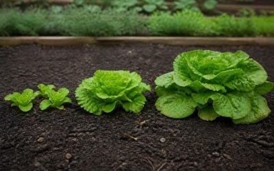 Row of lettuce at three ages, from small tender plants to a large overgrown plant with coarse outer leaves