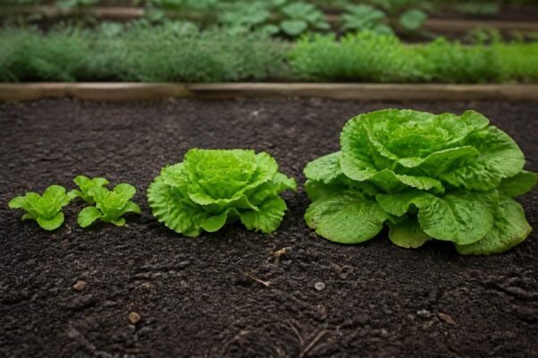 Row of lettuce at three ages, from small tender plants to a large overgrown plant with coarse outer leaves