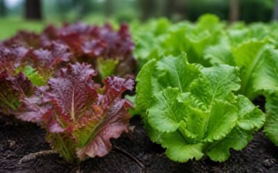 Young lettuce plants in a spring garden bed, some with a purple-red tint on the leaves beside healthy green plants