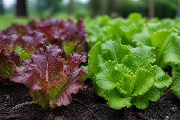 Young lettuce plants in a spring garden bed, some with a purple-red tint on the leaves beside healthy green plants