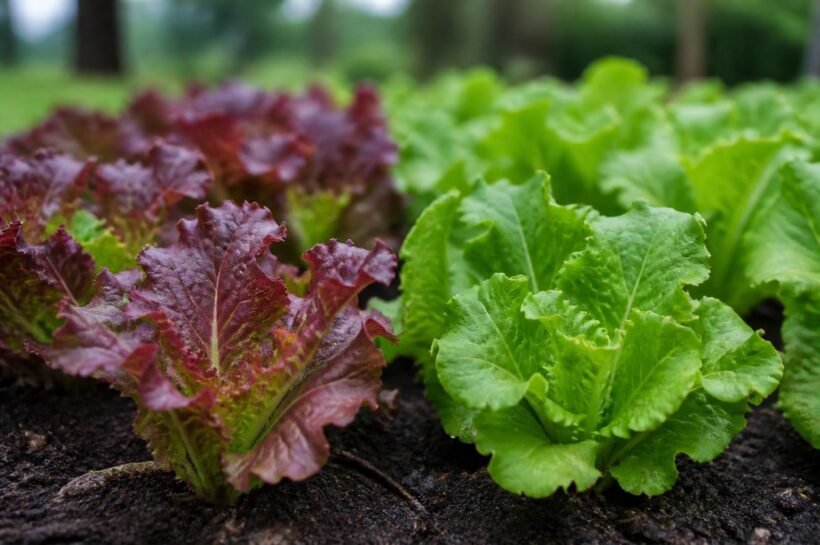 Young lettuce plants in a spring garden bed, some with a purple-red tint on the leaves beside healthy green plants