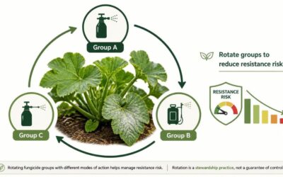Simple diagram of powdery mildew sprays rotated between three different fungicide groups across a growing season