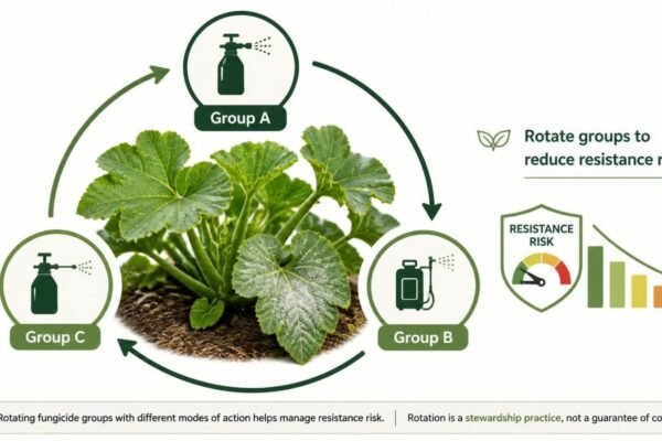 Simple diagram of powdery mildew sprays rotated between three different fungicide groups across a growing season