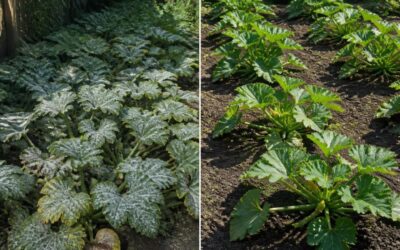 Two squash beds compared: a crowded, shaded bed with mildewed leaves and a spaced, sunny bed with clean leaves