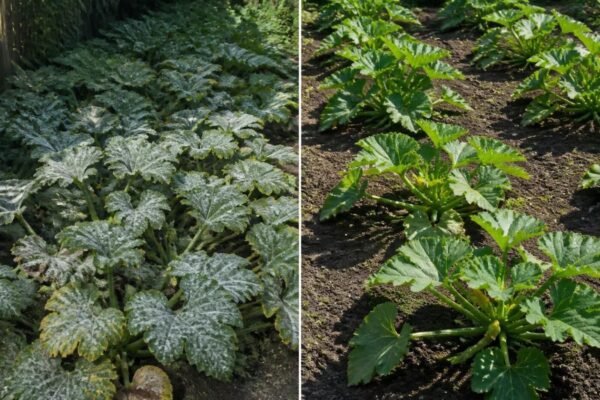 Two squash beds compared: a crowded, shaded bed with mildewed leaves and a spaced, sunny bed with clean leaves