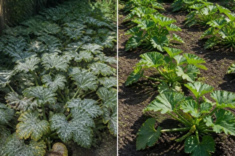 Two squash beds compared: a crowded, shaded bed with mildewed leaves and a spaced, sunny bed with clean leaves