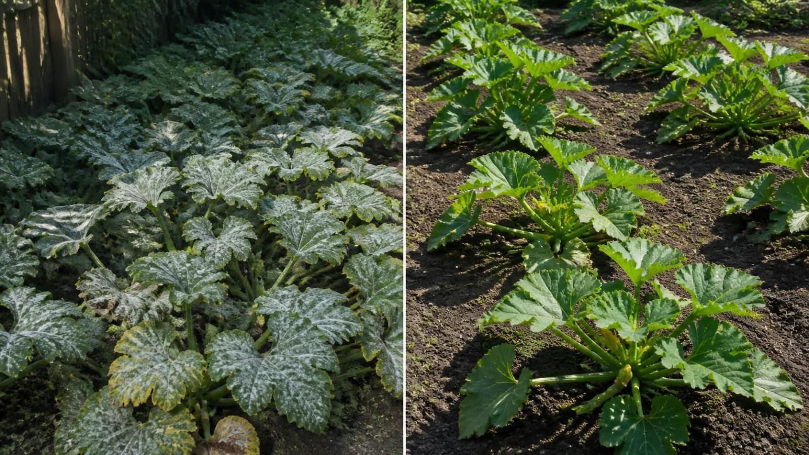 Two squash beds compared: a crowded, shaded bed with mildewed leaves and a spaced, sunny bed with clean leaves