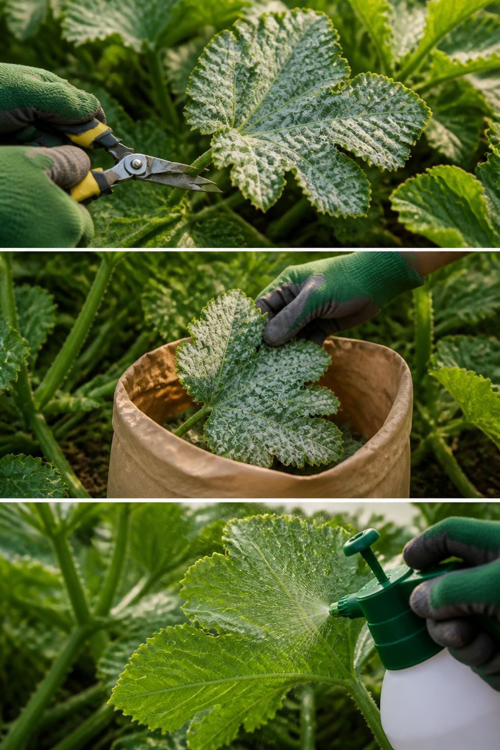 Three steps for dealing with mildew: pruning an infected squash leaf, bagging the clippings and spraying leaf undersides