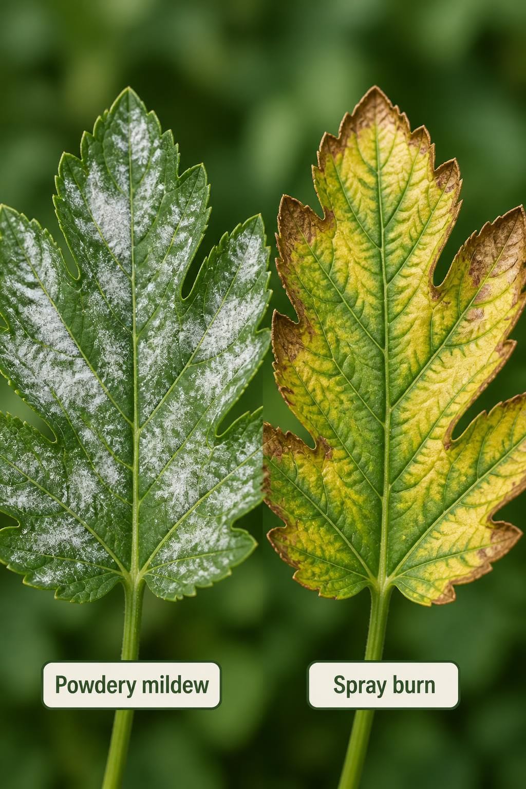 Side-by-side leaves: white powdery mildew film on one and yellow scorched baking soda spray damage on the other