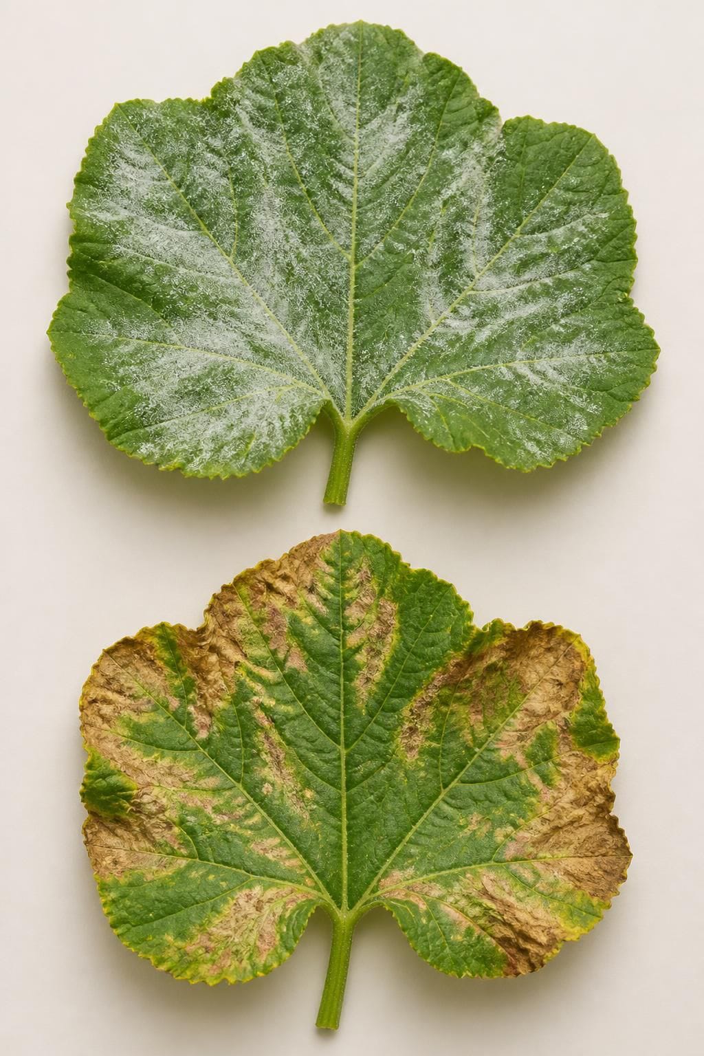 Two leaves side by side, one coated in white powdery mildew and one with brown scorched patches from fungicide injury