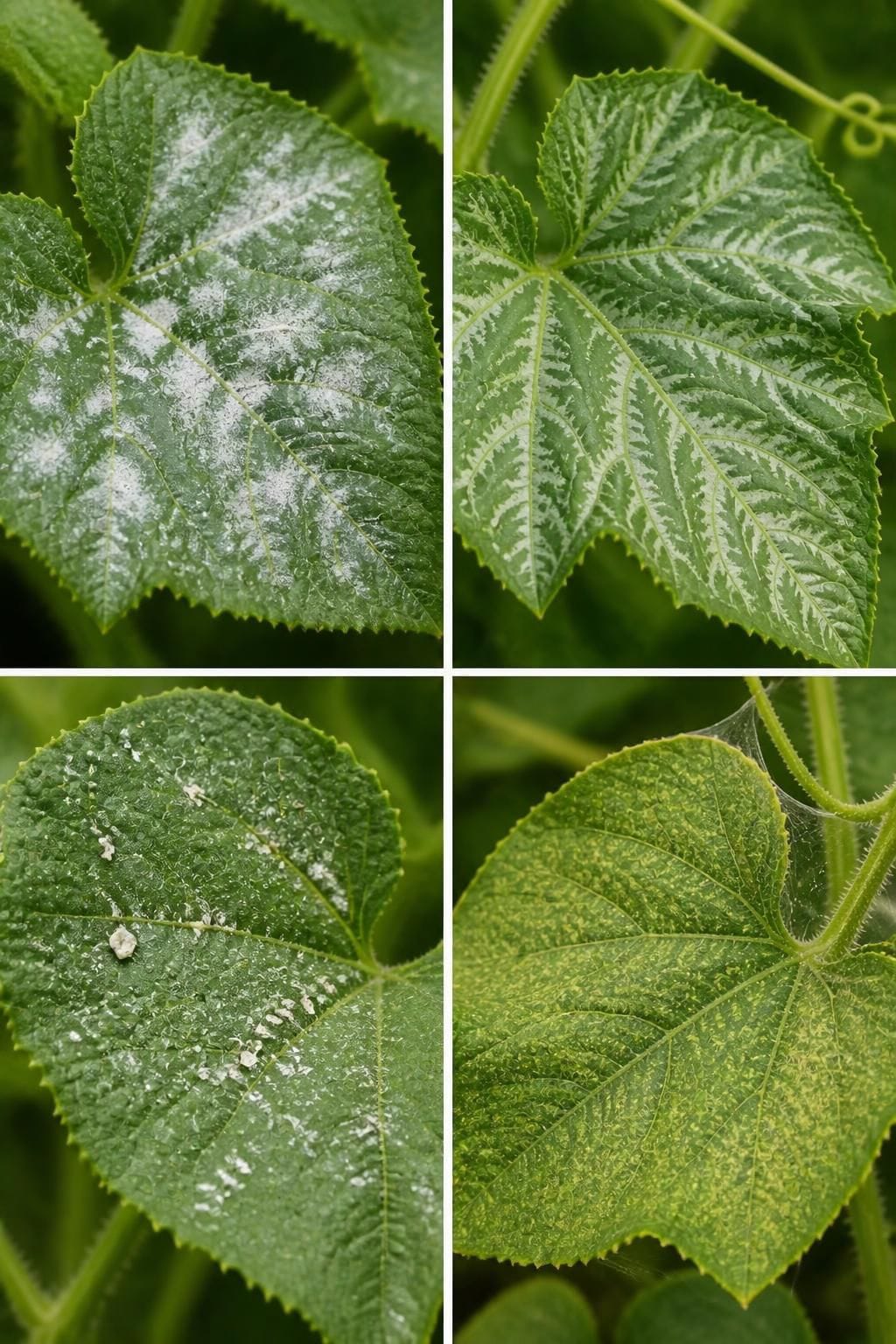 Four squash leaf close-ups showing mildew, natural silvering along the veins, mineral residue and mite stippling
