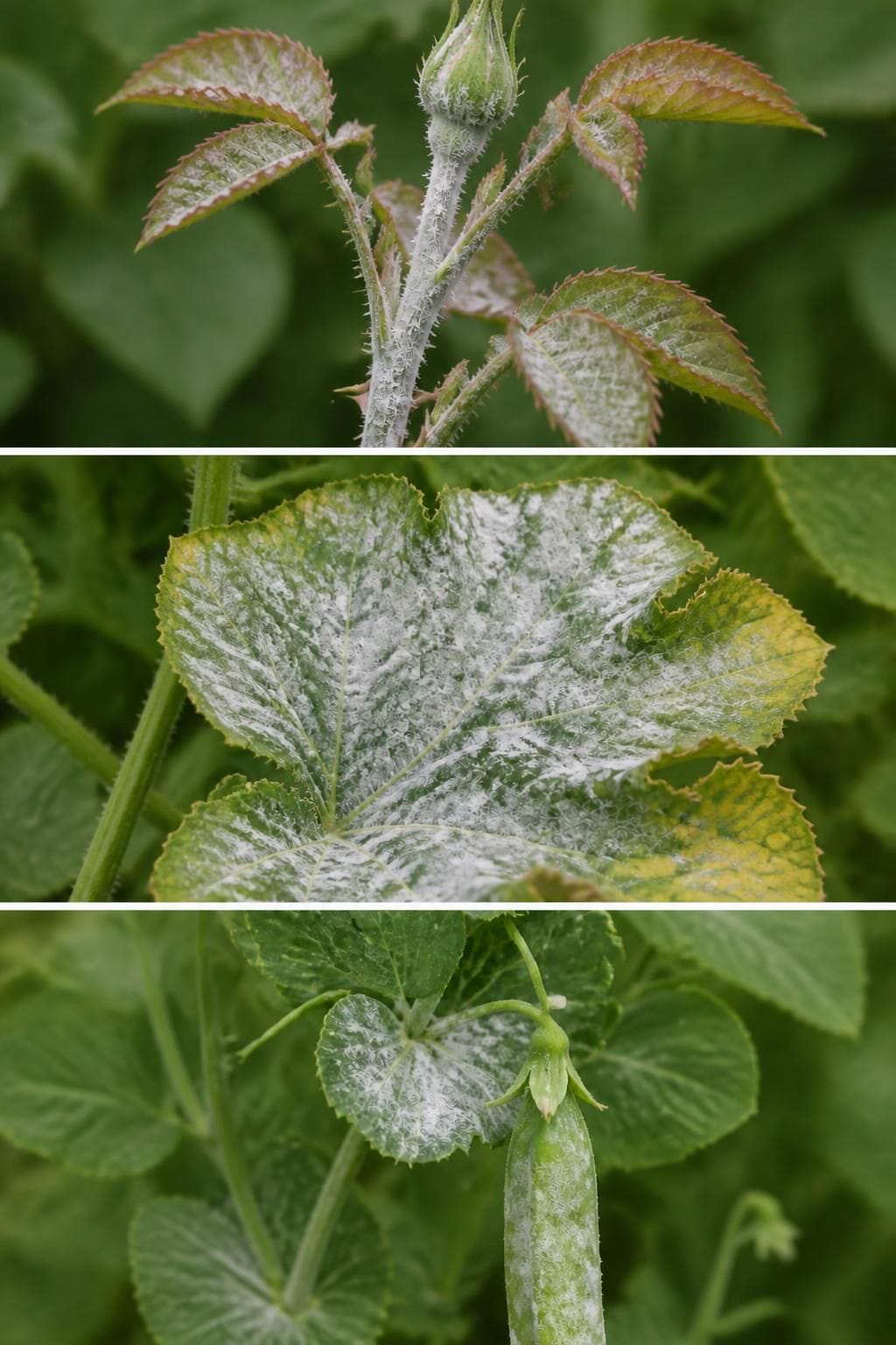 A rose shoot, a squash leaf and a pea pod, each coated with white powdery mildew, shown side by side