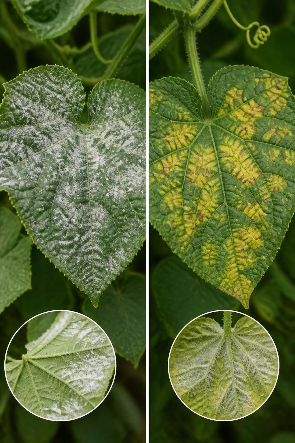 Two cucumber leaves compared: rounded white powdery mildew patches versus angular, vein-bordered downy mildew lesions