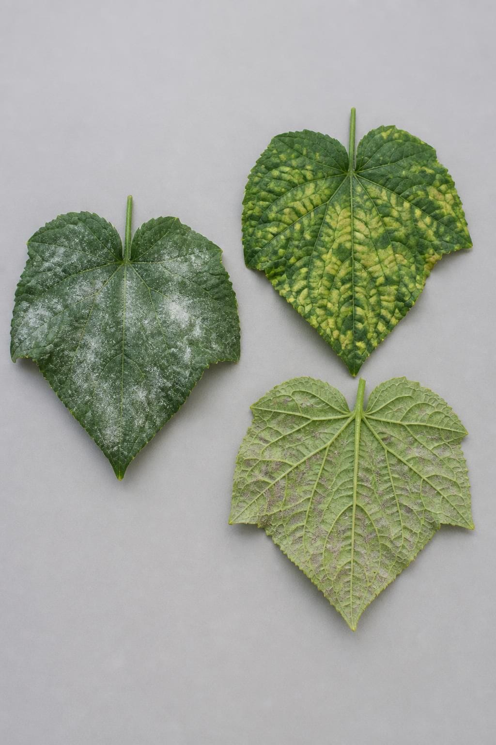 Cucumber leaves compared: white powdery mildew on top, angular yellow downy mildew spots with purple growth underneath
