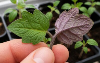 Underside of a tomato seedling leaf with purple veins and tint, held beside the green upper surface of the same leaf