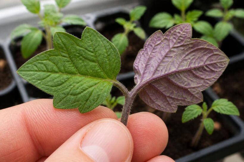 Underside of a tomato seedling leaf with purple veins and tint, held beside the green upper surface of the same leaf