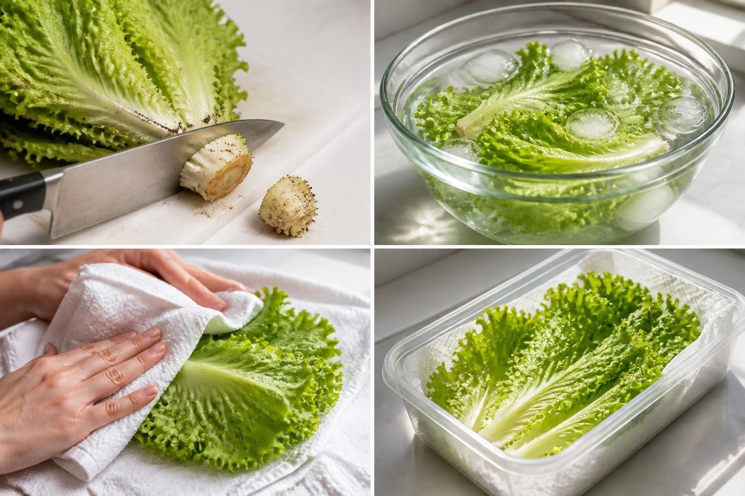 Limp lettuce leaves soaking in a bowl of ice water on a kitchen counter to restore crispness