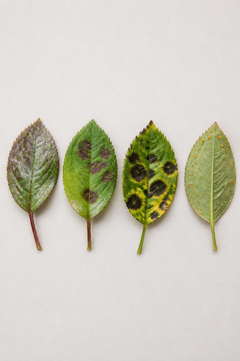 Four rose leaves showing powdery mildew, downy mildew, black spot, and rust for comparison