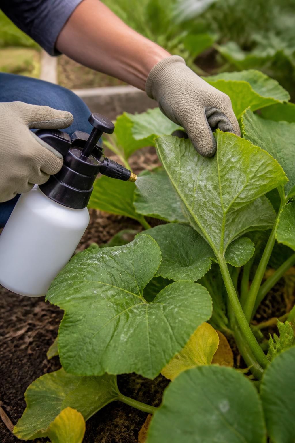 Gloved hand lifting a squash leaf to spray its underside, which is dusted with white powdery mildew