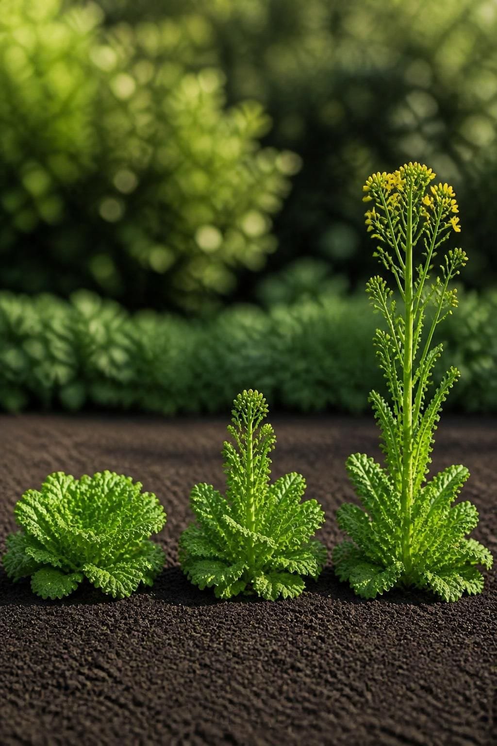 Three lettuce plants in a row showing a compact rosette, a center beginning to stretch upward, and a fully bolted flowering stalk
