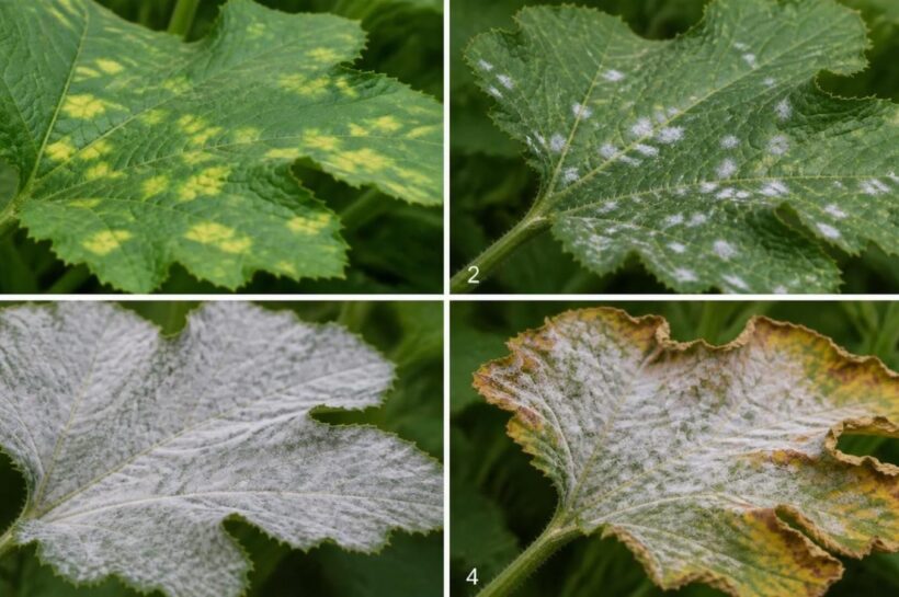 Four stages of powdery mildew on squash leaves, from pale yellow patches to a full white-gray coating
