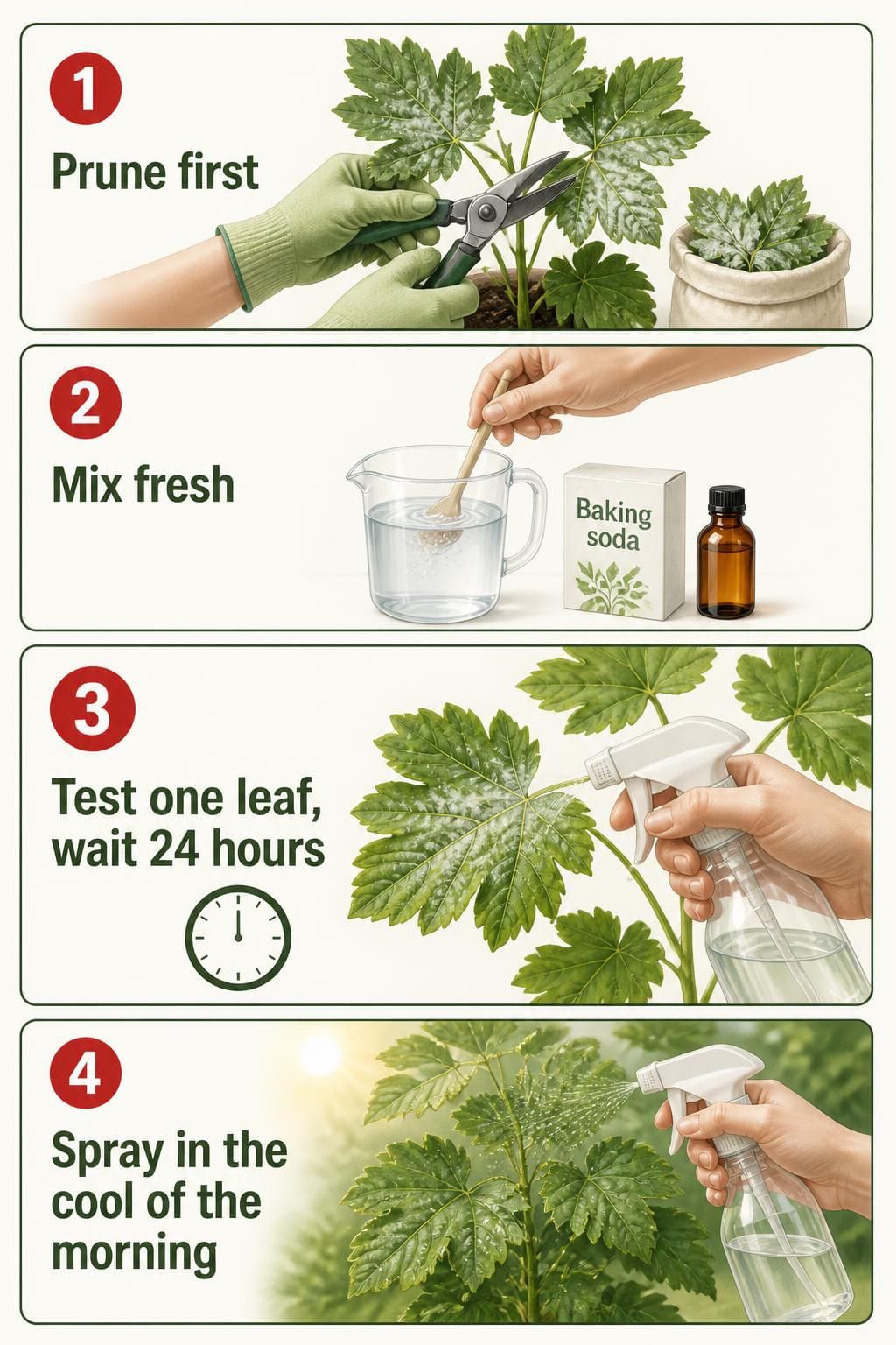Step-by-step guide to testing a baking soda spray for powdery mildew on one leaf before spraying the whole plant