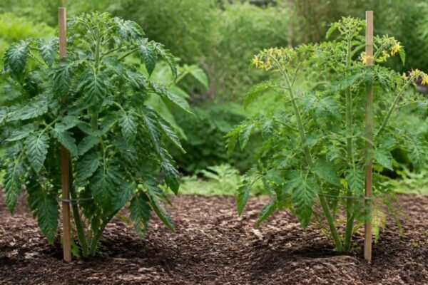 Side-by-side comparison of a dense, dark green tomato plant with no flowers and a balanced plant carrying yellow flower clusters