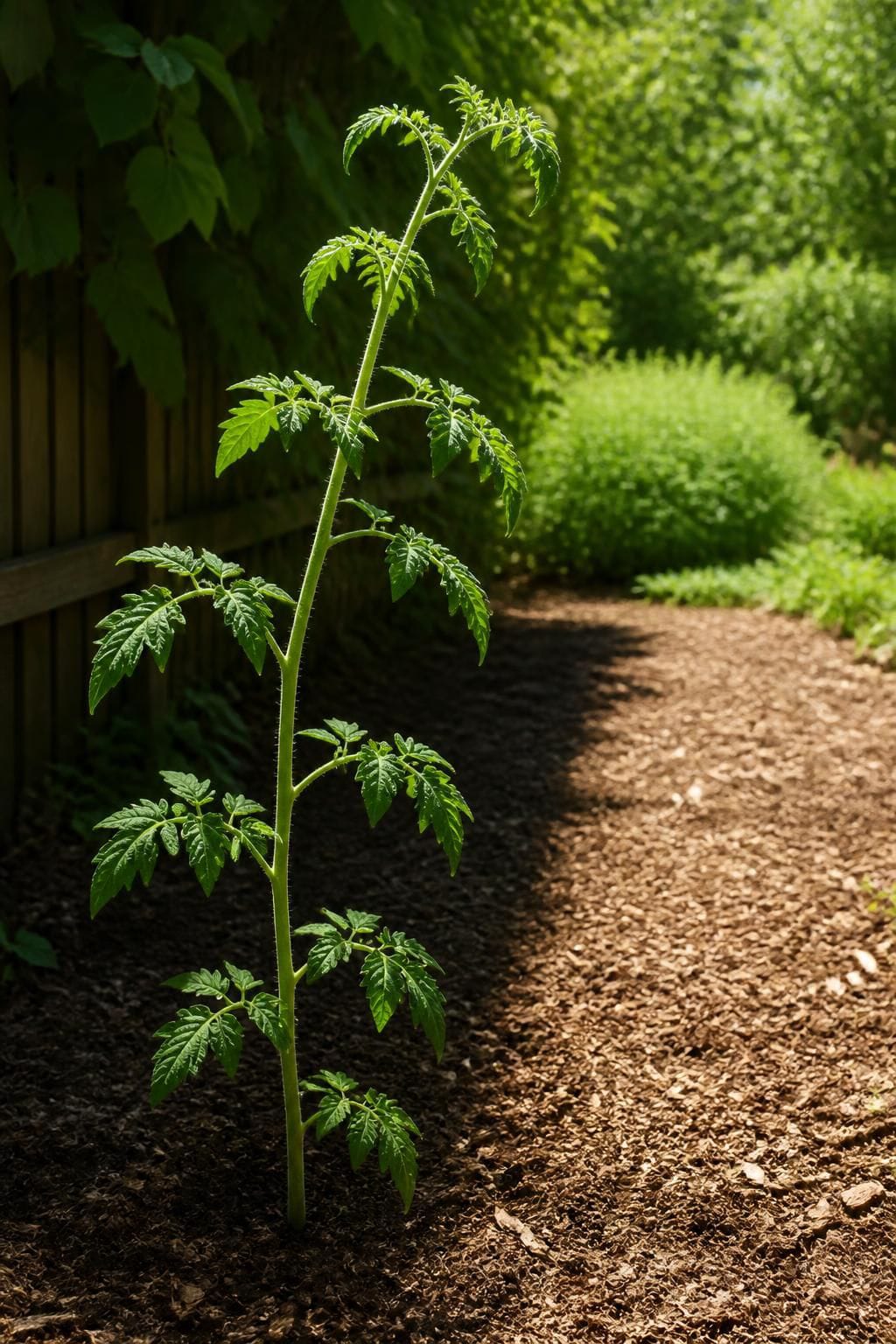 Tall, stretched tomato seedling leaning toward the light beside a garden fence that shades the bed