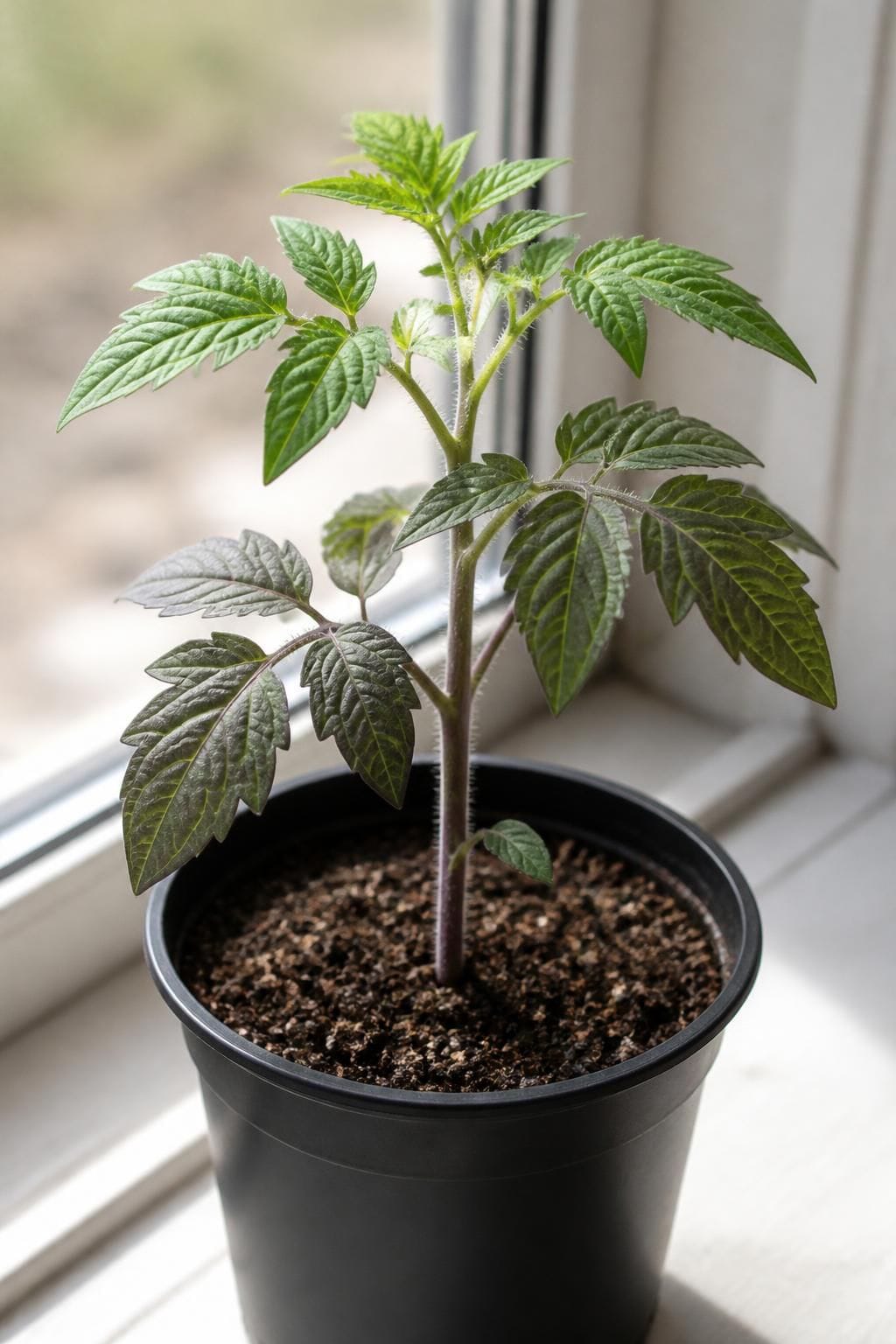 Tomato seedling with older purple-tinged lower leaves and fresh green growth at the top