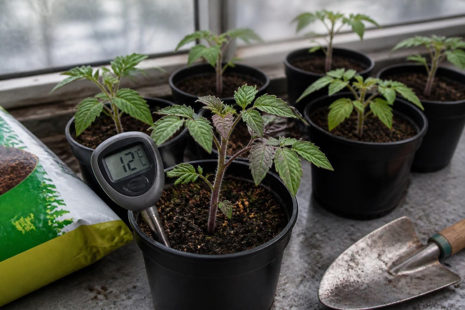 Small pots of tomato seedlings standing on a cold windowsill with a soil thermometer pushed into one pot