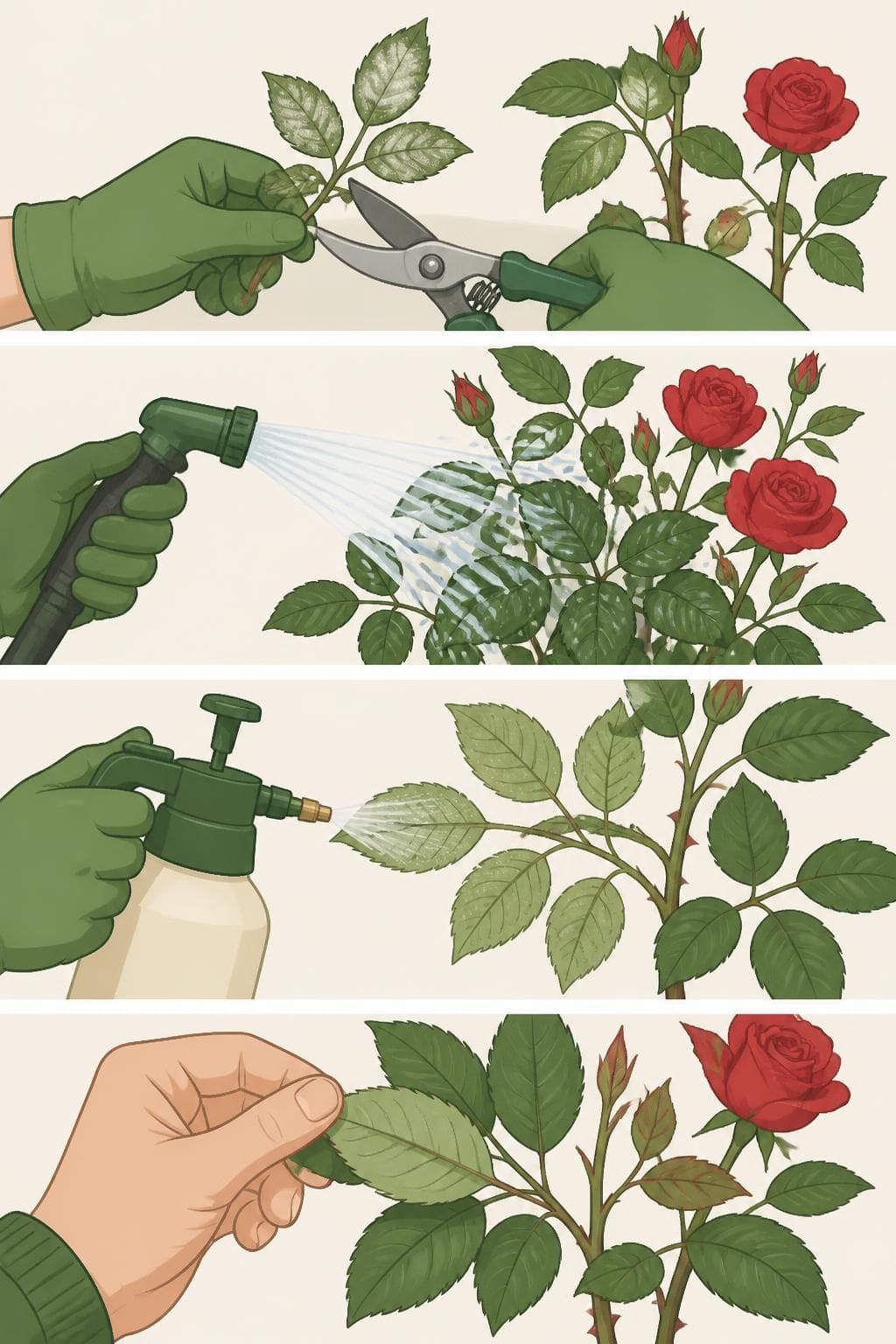 Four-step illustration of treating powdery mildew on roses: pruning infected shoots, rinsing, spraying and rechecking new growth