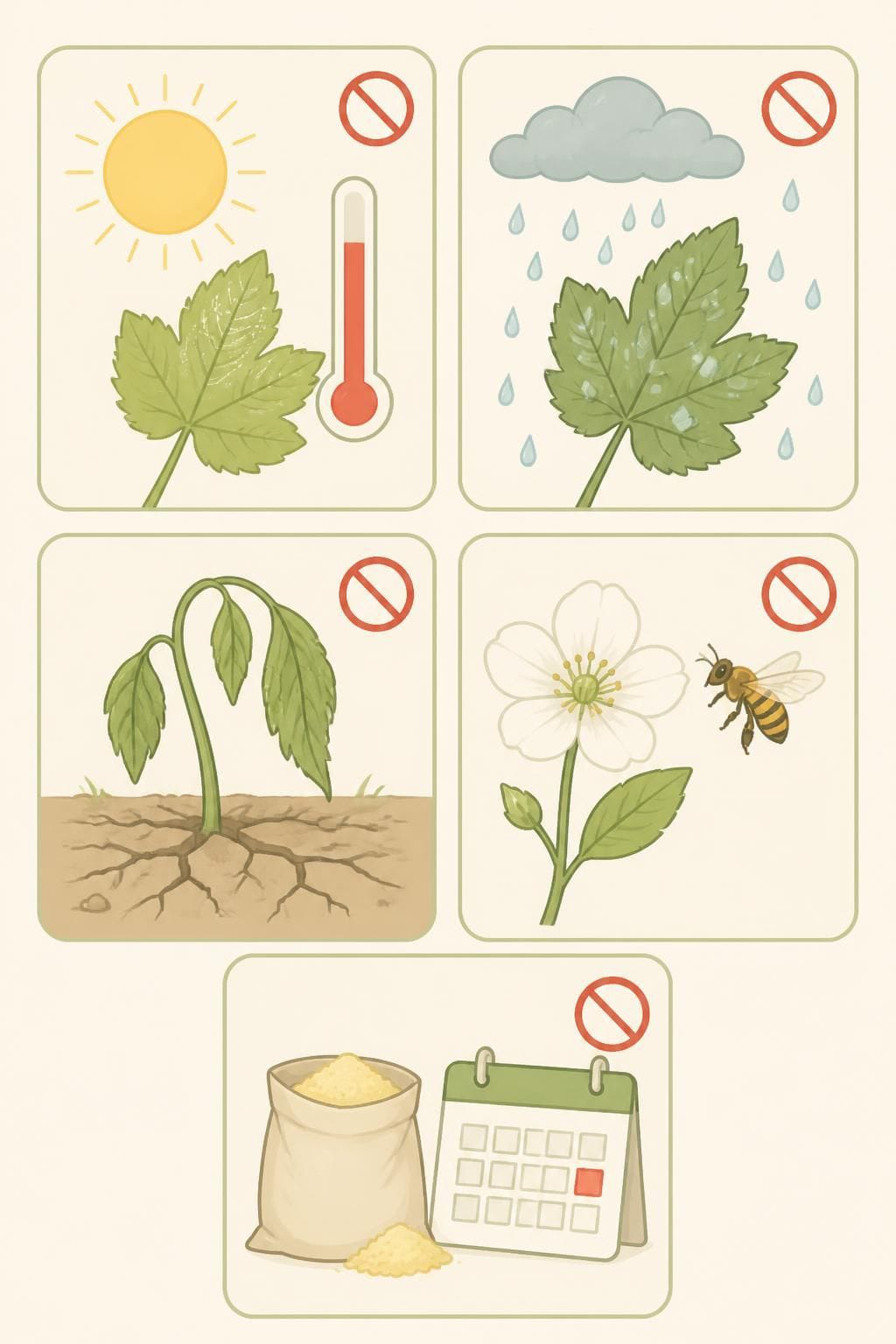 Checklist illustration of conditions to avoid when spraying neem oil: hot sun, wet leaves, drought-stressed plant, open flowers and recent sulfur