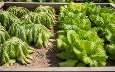 Wilted lettuce plants drooping in a sunny garden bed beside healthy upright lettuce