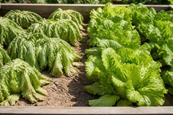 Wilted lettuce plants drooping in a sunny garden bed beside healthy upright lettuce