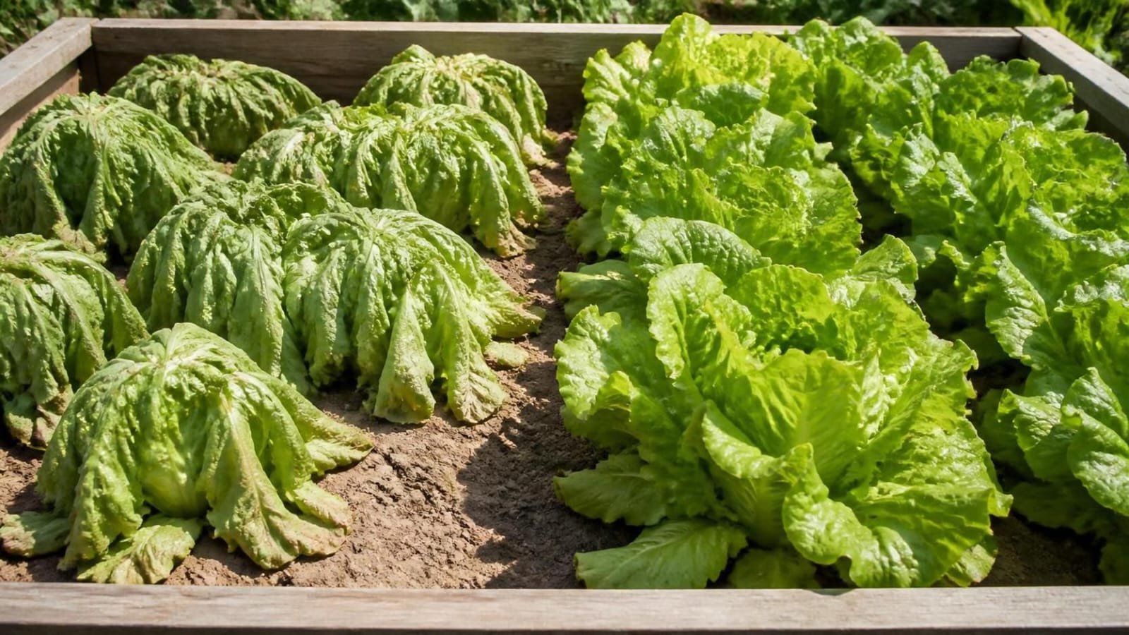 Wilted lettuce plants drooping in a sunny garden bed beside healthy upright lettuce