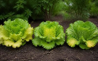 Overhead view of two lettuce rosettes, one with yellow outer leaves and a green center, one with a pale yellow center