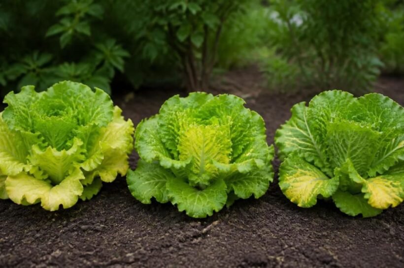 Overhead view of two lettuce rosettes, one with yellow outer leaves and a green center, one with a pale yellow center