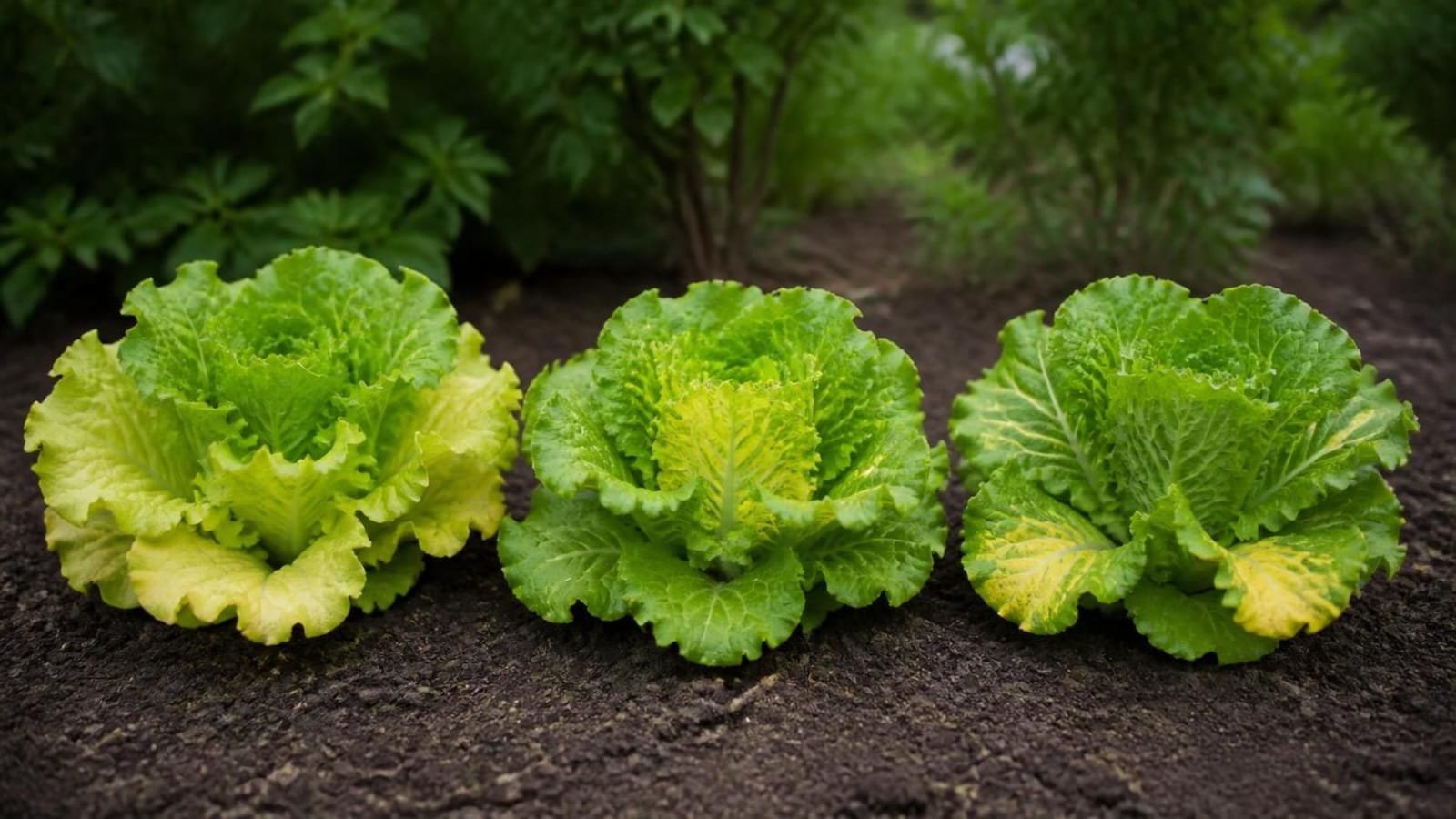 Overhead view of two lettuce rosettes, one with yellow outer leaves and a green center, one with a pale yellow center